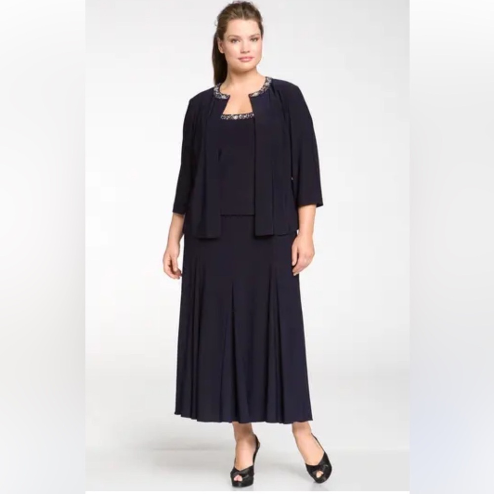 Alex Evenings Beaded Dress & Jacket Navy Blue Sz 12 Formal Evening Maxi
